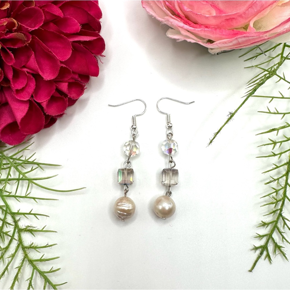 NEW⚜️Aurora Borealis & Genuine Pearl Beaded Earrings - Sterling Silver